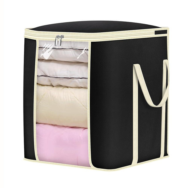 MISSLO King Comforters Storage Bag 120L for Blankets Clothes Sweaters Beddings Organizer with Reinfored Handles Non-Metal Fabric Storage Bin Organizer, Black