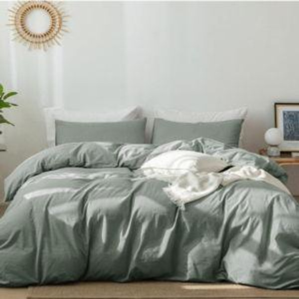 Full Size Duvet Cover (Heathered Green) MooMee Bedding Set 100% Washed Cotton Linen Like Textured Breathable Durable Soft Comfy