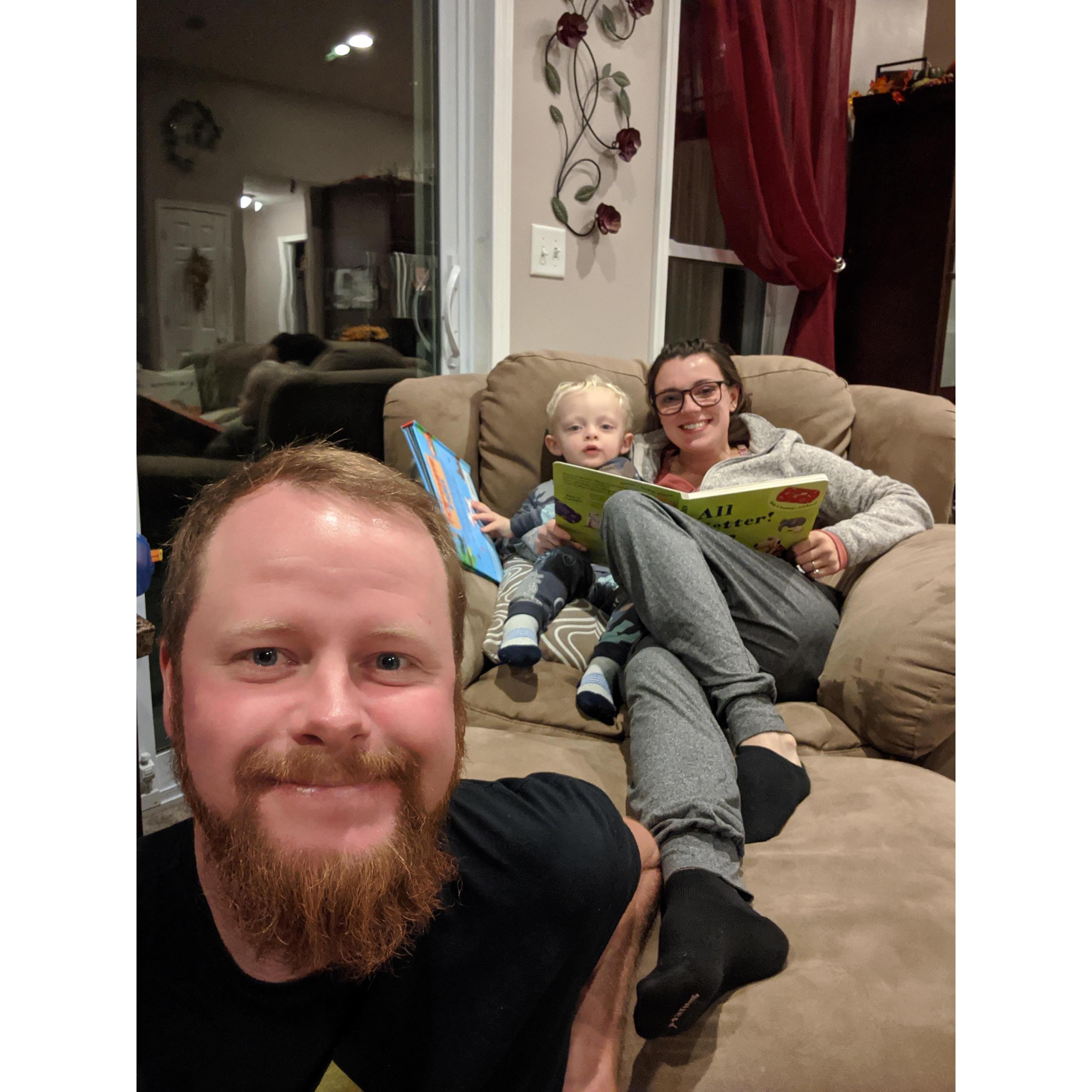 Hanging with our buddy Caleb reading a bedtime story, we love this kid!