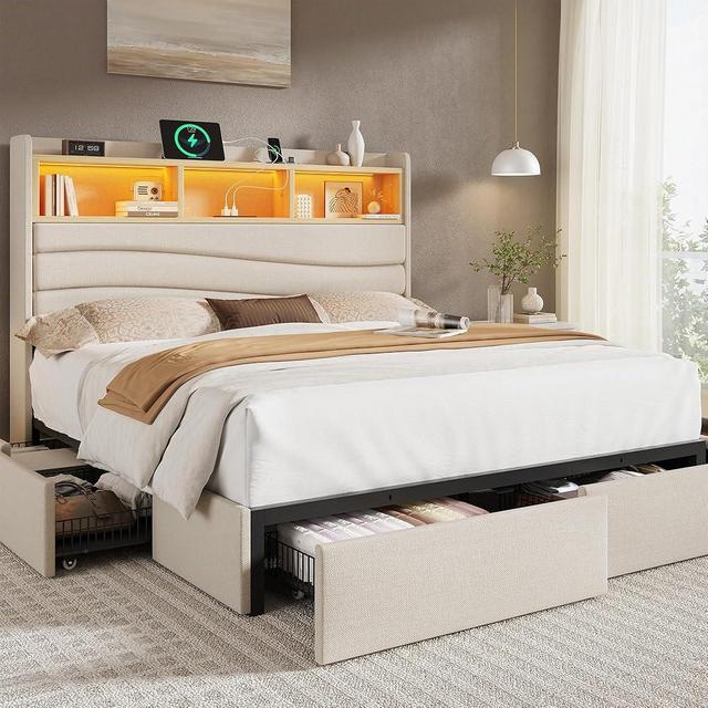 BRELTAM Queen Size Bed Frame with 6 Storage Drawers, Linen Upholstered Platform Bed with Charging Station & LED Lights,2-Tier Wave-Shaped Headboard Design,No Box Spring Needed,Easy Assembly,Beige