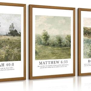 Christian Bible Verse Wall Art Decor Scripture Floral Canvas Painting Jesus Religious Wall Art Vintage Aesthetic Landspaces Pictures Modern Christian Artwork for Living Room 16x24x3 Inch Wood Framed