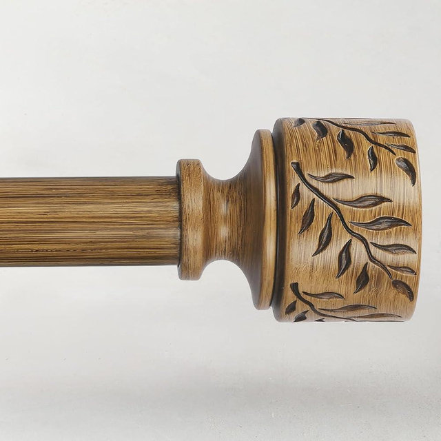 Boho Wood Curtain Rods for Windows 28 to 48 Inch, 1" Adjustable Heavy Duty Curtain Rod with Imitation Wooden Grain Leaf Pattern Finials, Rustic Decorative Drapery Rods, Size 32"-60", Dark Wood