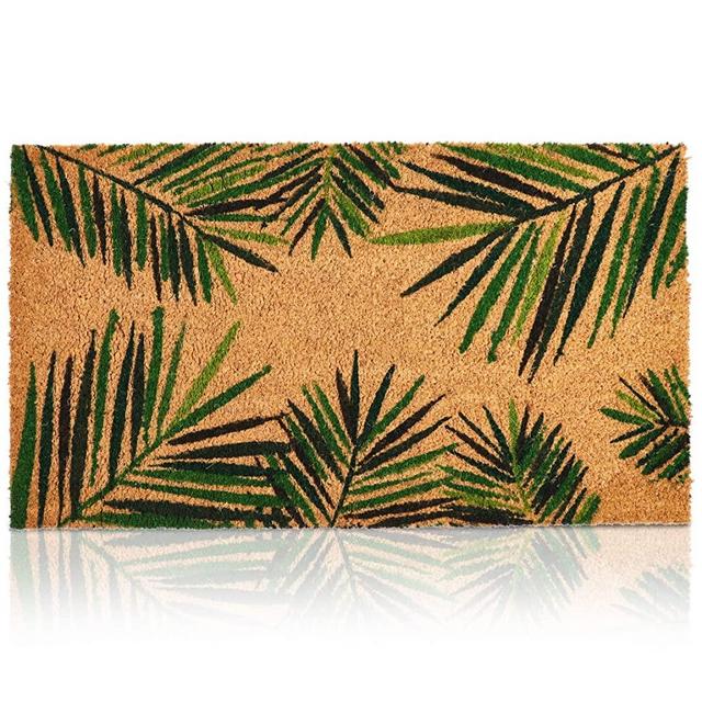 Tropical Green Palm Welcome Mat, Natural Coir Doormat (30 x 17.2 x 0.5 in)
