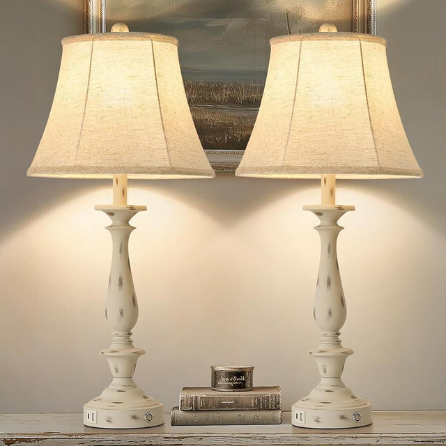 AIDENOEY 28.5" Traditional Table Lamp Set of 2, Rustic Farmhouse Table Lamps for Living Room Bedroom, Bedside Desk Lamps Vintage Nightstand Lamps with Silk Fabric Shades, Distressed White