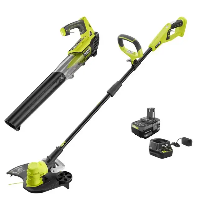 RYOBI ONE+ 18V Cordless Battery String Trimmer/Edger and Jet Fan Blower Combo Kit - 4.0 Ah Battery/Charger Included