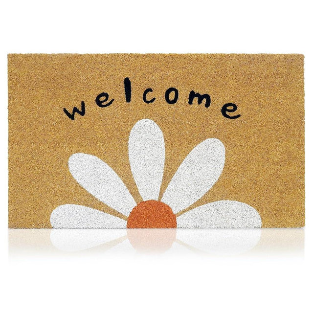 Welcome Daisy - 17"x29" - Coir Door Mat with Heavy Duty Backing - Welcome Mats for Entryway, Porch - Anti-Slip PVC & Coconut Fiber Surface - Natural Home Accessories, Minimalist Original Design