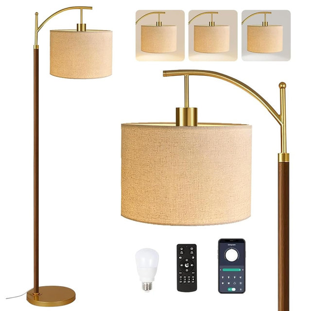 ILLMTW Wood Floor Lamp for Living Room,Bedroom,Vintage Mid Century Modern Standing Lamp with Remote Dimmable,Arc Boho Gold Tall Lamp Fabric Lamp Shade Floor Lights Bohemian Tiffany Style