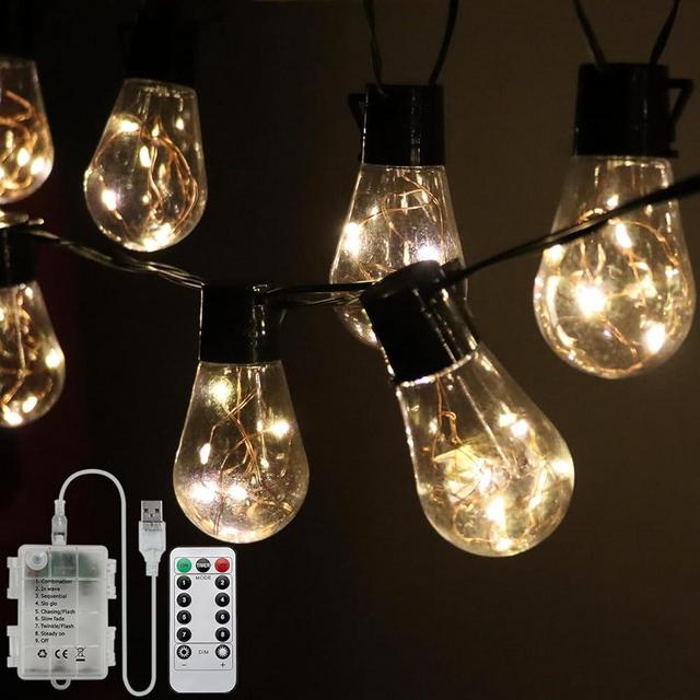 HUGSVIK 14Ft Battery Operated 20 Hanging Bulb 100 LED Indoor & Outdoor String Lights, Vintage Commercial Battery Operated Outdoor Lights for Bedroom, Patio, Porch, Balcony, Christmas Party, 8 Modes
