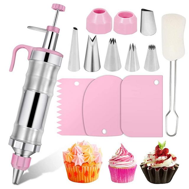 Icing Decoration Gun Set Dessert Decorating Decorator Syringe Cake Decorating Tools 6 Russian Piping Icing Nozzles 3 Cream Scrapers Cupcake Frosting Filling Injector Cake Icing Tools(Stainless Steel)