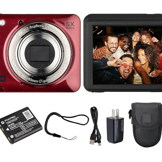 Kodak PIXPRO FZ55 Digital Camera (Red) | 16MP Sensor, 5X Optical Zoom, 28mm Wide-Angle Lens & Full HD Video | Great for Travel & Beginner Photography (FZ55RD) + 32GB Card + Case + Cleaning Cloth