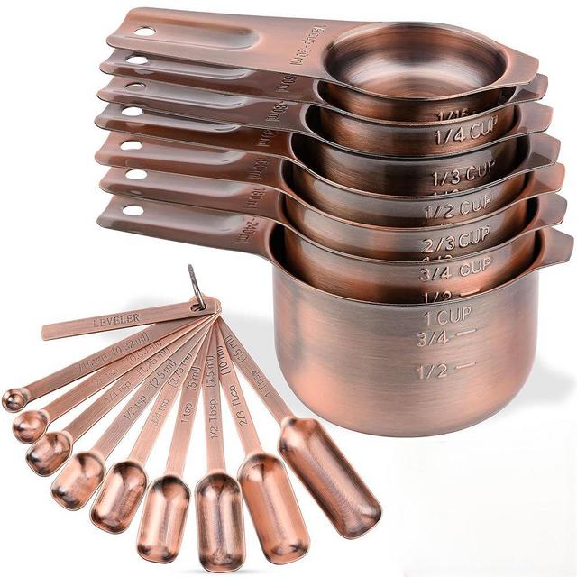 Nstezrne Copper Measuring Cups and Spoons Set 17, Stainless Steel 7 Measuring Cup and 9 Spoons for Dry & Liquid, Metric & US Metal Measuring Cups and Spoons Set &Leveler for Baking & Kitchen