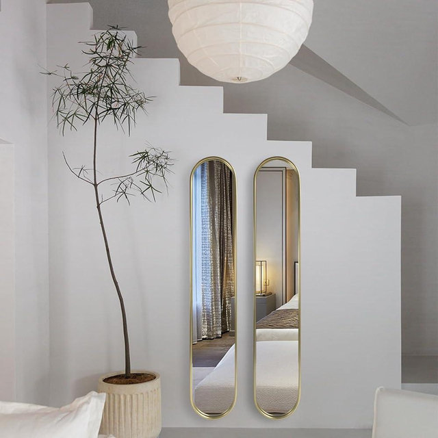 OUSHUAI Gold Full Length Oval Mirror,Narrow Capsule Long Mirrors with Metal Frame for Entryway,Hallway,Living Room 44"X8"(2pcs) …
