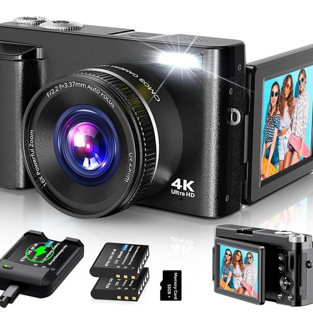 4K Digital Camera for Photography Autofocus, 2024 Latest 48MP Vlogging Camera for YouTube with SD Card, 2 Batteries, 3" 180°Flip Screen Compact Travel Camera for Teens with 16X Zoom, Anti-Shake,Black