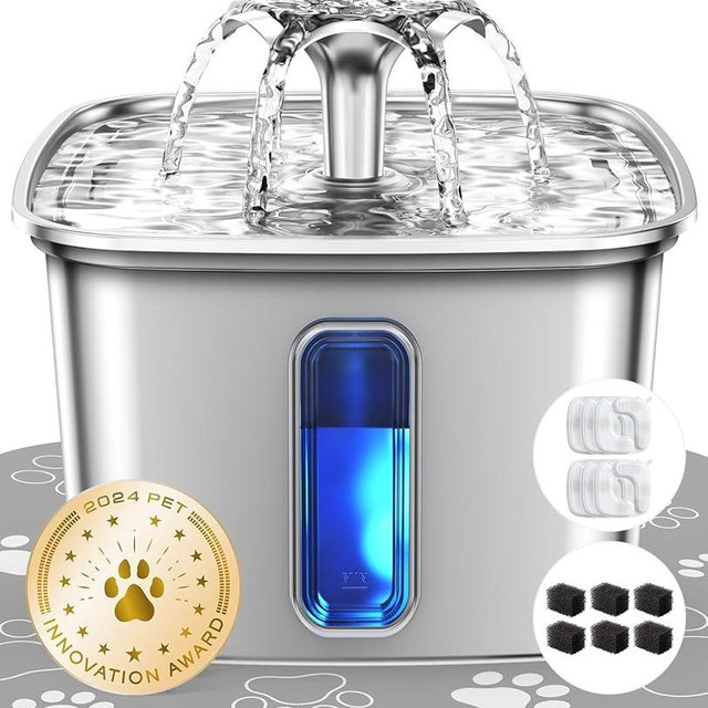 Veken Innovation Award Winner Stainless Steel Cat Water Fountain, 108oz/3.2L Automatic Pet Fountain Dog Water Dispenser with 6 Replacement Filters & Silicone Mat for Cats, Dogs, Multiple Pets (Silver)