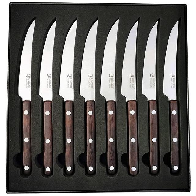 Premium Steak Knives Set of 8 in Gift Box - Full Tang Wenge Wood Handle - HC German Stainless Steel, Straight Edge Non Serrated - UMOGI 4.5''Dinner Knife, Kitchen Tableware Knives Cutlery Set