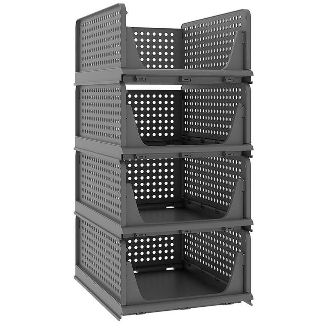 Pinkpum Stackable Plastic Storage Basket-Foldable Closet Organizers Storage Bins 4 Pack-Drawer Shelf Storage Container for Wardrobe Cupboard Kitchen Bathroom Office