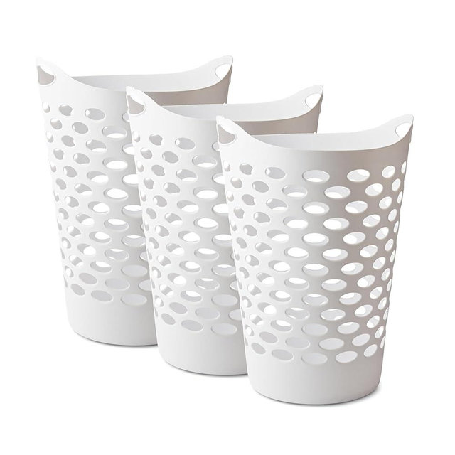 3 Pack Round Plastic Laundry Hamper with Handles, Lightweight & Flexible, 2.2 Bushels Large Capacity, Easy to Clean, Space Saving Laundry Basket for Bedroom, Dorm, Bathroom, White