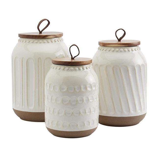 Tabletops Gallery Ceramic Canister Collection- Stoneware Designed Embossed Acacia Wood White Set, 3 Piece Embossed White Canister Set
