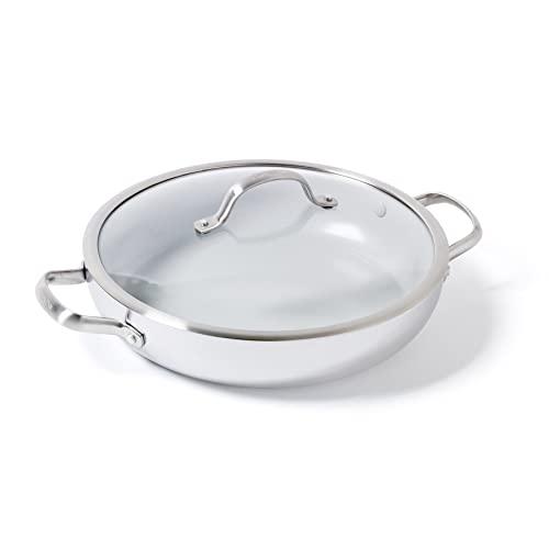 GreenPan CC000014-001 Venice Pro Stainless Steel 100% Toxin-Free Healthy Ceramic Nonstick Metal Utensil/Dishwasher/Oven Safe Covered Everyday Pan, 12-Inch, Light Grey