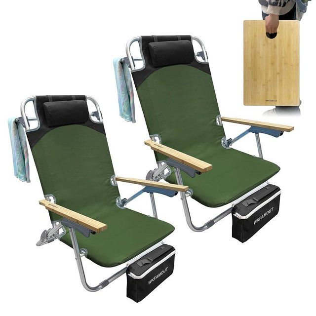 WKFAMOUT 2 Pack Low Backpack Beach Chair with Folding Bamboo Table for Adults, 5-Position Lay Flat Reclining Chair Lightweight with Cooler Bag Supports 265 lbs