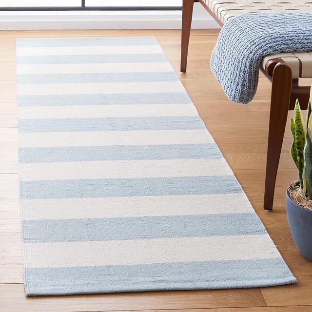 SAFAVIEH Montauk Collection Runner Rug - 2'3" x 7', Sky Blue & Ivory, Handmade Flat Weave Boho Farmhouse Stripe Cotton, Ideal for High Traffic Areas in Living Room, Bedroom (MTK712K)