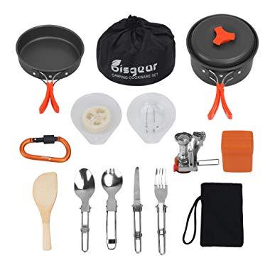 Bisgear 16 Pcs Camping Cookware Stove Carabiner Bug Out Bag Cookset Folding Spork Set Outdoor Camping Hiking Backpacking Non-Stick Cooking Picnic Knife Spoon