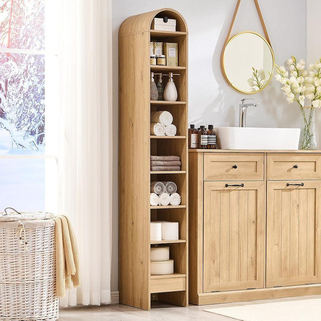 IFBUY 67" Tall Arched Bathroom Storage Cabinet, 8-Tier Modern Farmhouse Storage Cabinet with Adjustable Shelves, Wood Freestanding Cabinet for Bathroom, Living Room, Entryway, Hallway (Natural)