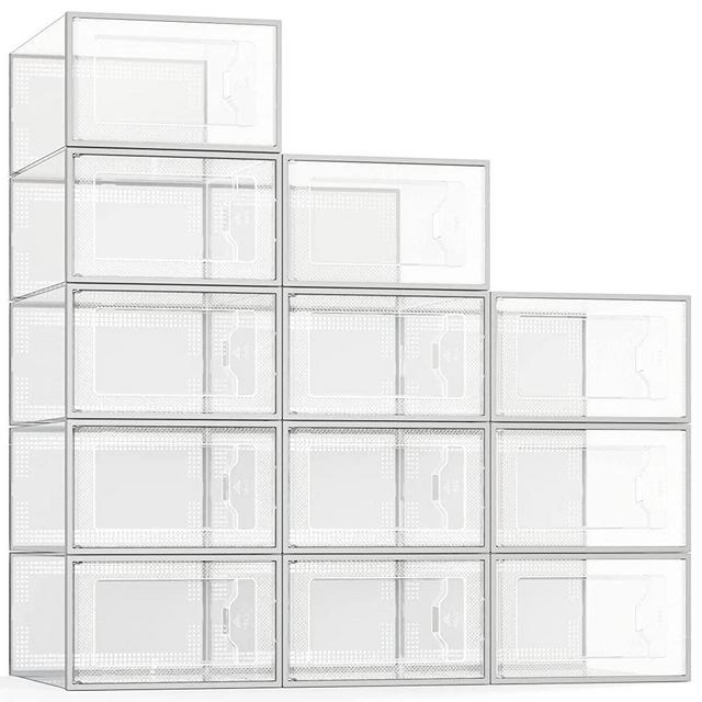 SEESPRING 12 Pack Shoe Storage Box, Clear Plastic Stackable Shoe Organizer for Closet, Space Saving Foldable Shoe Containers Bins Holders (Grey)