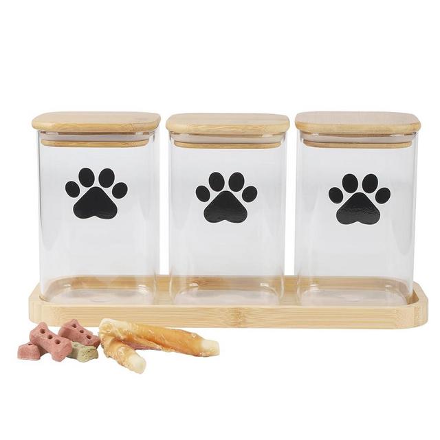 Brabtod 37oz Glass Dog Treat Jars Set of 3,Clear Dog Treat Container with Bamboo Lids,Airtight Cat Treat Jar,Small Pet Treat Canister,Puppy Food Bin-Keep Fresh Crispy