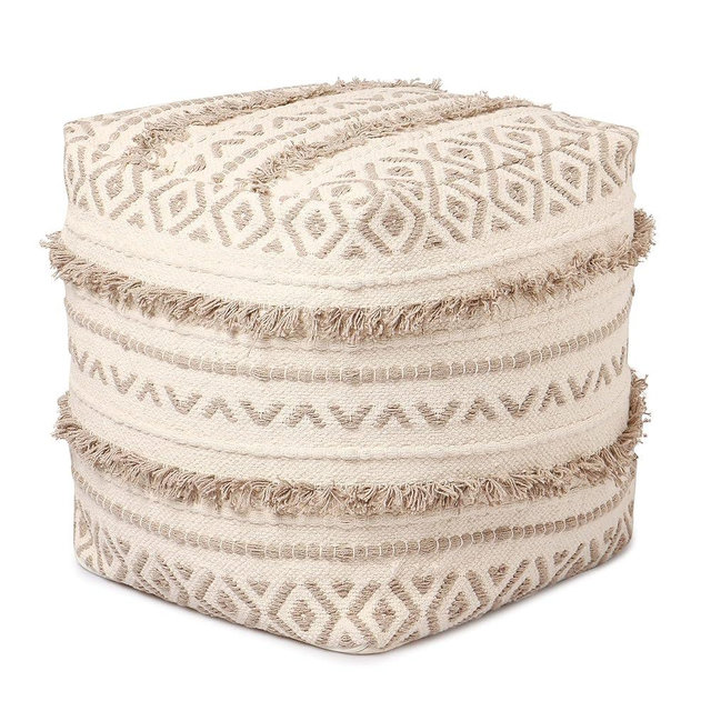 REDEARTH · Tufted Pouf Ottoman with Filler Textured Storage Cube Bean Bag Pouffe Footrest for Living Room, Bedroom, Nursery, Kidsroom; 100% Cotton (17.5"X17.5"X17.5", Geometric Craft Taupe)
