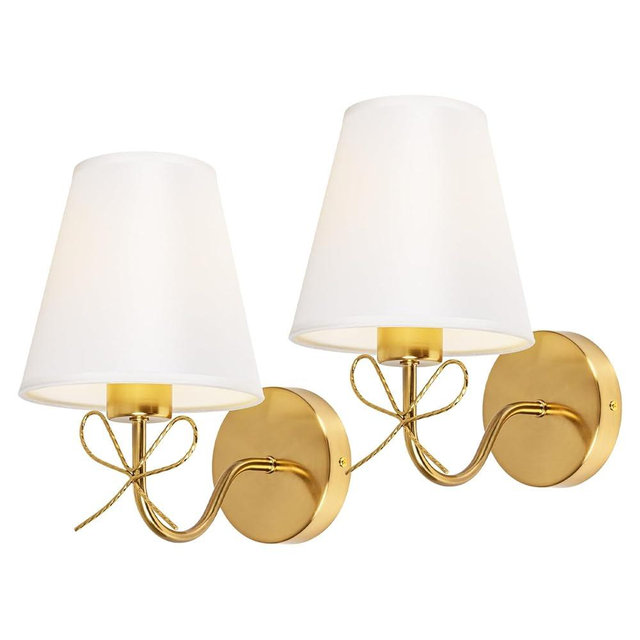 MESUZ Antique Brass Wall Sconces Set of Two, Bow Sconces Decor Gold Wall Lights Brass Brushed Gold Sconce with Fabric Shade, E26 110V Hardwired Wall Lamps Indoor for Bedroom, Living Room, Doorway
