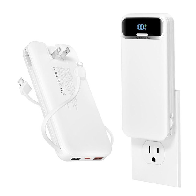 12000mAh Lightweight-Portable-Charger-Power-Bank with Built-in Cables and AC Wall Plug, PD20W USB-C Fast Charging Battery Pack, LED Display External Travel Phone Charger for All iPhone,Samsung,Android
