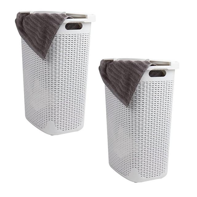 Mind Reader Basket Collection, Slim Laundry Hamper, 60 Liter (15g/33lbs) Capacity, Cut Out Handles, Attached Hinged Lid, Ventilated, Set of 2, White