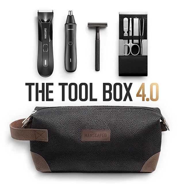 MANSCAPED™ The Tool Box 4.0 Contains: The Lawn Mower™ 4.0 Electric Trimmer, The Weed Whacker™ Nose and Ear Hair Trimmer, The Plow™ 2.0, The Shears™ Four Piece Luxury Nail Kit, The Shed™ Toiletry Bag