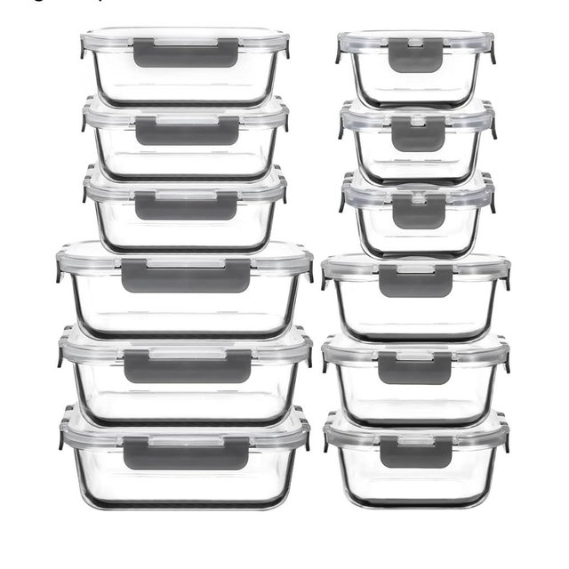 12 Pack Glass Food Storage Containers with Lids, Glass Meal Prep Containers Set with Leak Proof Lids, Airtight Lunch Container for Kitchen, Microwave, Oven, Freezer, Dishwasher Safe, Bpa free