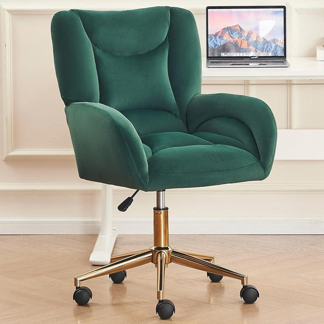 Ochangqi Soft Velvet Desk Chair Comfy with Gold Metal Legs&Wheels, 360 Swivel Comfy Office Chair with Height-Adjustable, Cute Brown Office Chair for Women (Green)