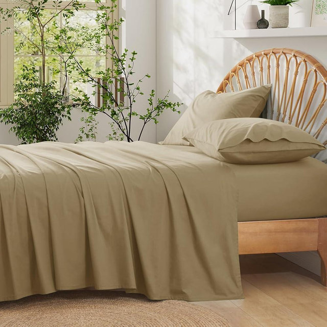 Entisn Pure Cotton Sheets Queen Size Bed Set 4 Pieces, 400 Thread Count Cotton Sheet Set with All Around Elastic for Snug Fit, All Seasons Breathable & Soft Bedding, 16 Inch Deep Pocket, Beige