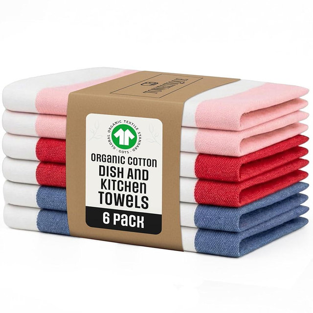 GOTS Organic Cotton Kitchen Towels, Set of 6 Oversized (20 x 30 in) | Striped Dish Towels & Tea Towels | Soft, Absorbent, Quick-Dry | Hanging Loop