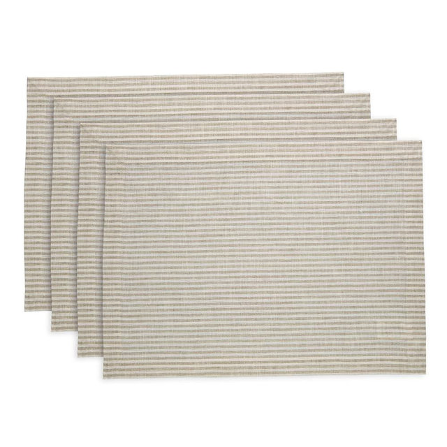 Solino Home Stripe Linen Placemats – 100% Pure Linen Cloth Fabric Placemats Set of 4, 14 x 19 Inch Natural and White Narrow Stripe – Farmhouse Washable Dining Place Mats for Spring, Summer
