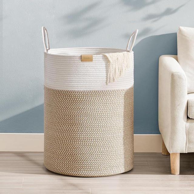 Nunsino 95L Laundry Hamper Basket,Baby Nursery Woven Storage Basket for Toys Bin,Pillows,Blankets,Clothes,Brown&White