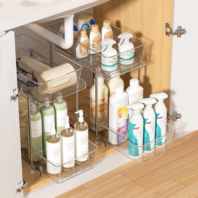 Vtopmart 2 Pack Plastic Larger Higher Bathroom Kitchen Under Sink Organizer (M-Higher)