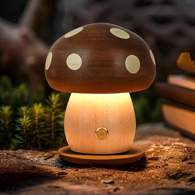 LONRISWAY LED Wooden Mushroom Lamp, Rechargeable Battery Operated Portable Cordless Touch Switch Small Lamp, Stepless Dimming Night Light for Birthday Gifts