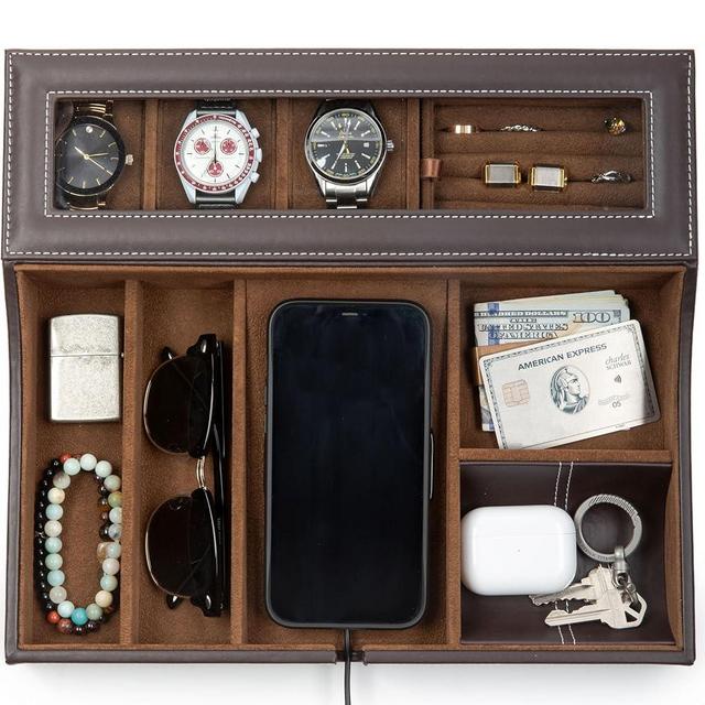 HOUNDSBAY Navigator Large Dresser Valet Tray & Mens Jewelry Box Organizer - Watch Box Organizer for Men with Angled Charging Station (Classic Brown)