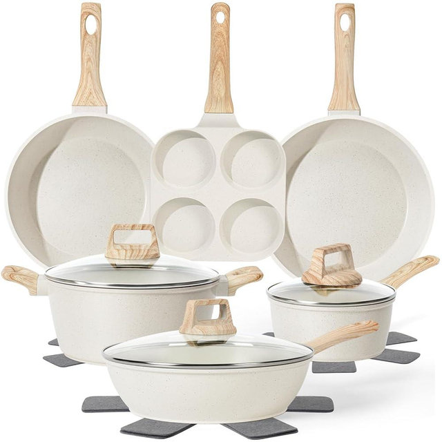 13 Pcs Pots and Pans Set, Nonstick Cookware Sets White Granite Induction Cookware, Non-toxic Healthy Non stick Kitchen Cooking Set with Frying Pans Set, Saucepans (PFAS/PFOA/PFOS Free)