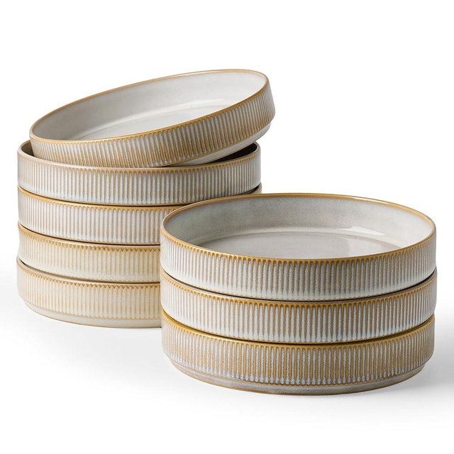 famiware Star 8.25" Pasta Bowls, Large Dinner Bowls Set of 8, Salad Bowl Plates, Double Reactive Glaze, Shallow Bowls for Eating, Cappuccino White