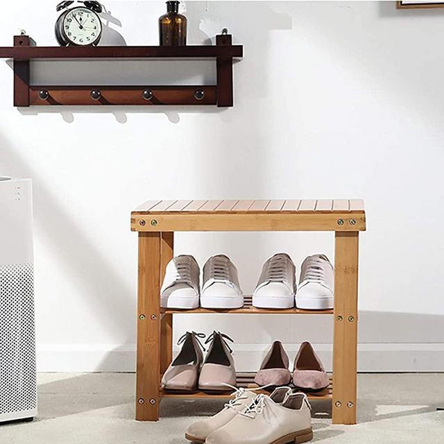 Dporticus 2-Tier Bamboo Shoe Bench Rack Shoe Storage Organizer Seat Entryway Hallway Furniture 19.7" x 10.6" x 17.5" (L x W x H) for Small Apartments