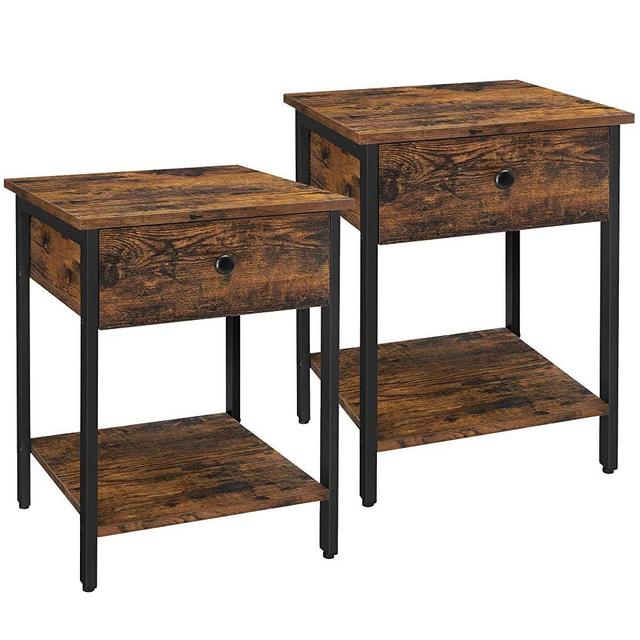 VASAGLE Nightstands, End Tables, Set of 2 Side Tables with Drawer and Shelf, Bedroom, Easy Assembly, Steel, Industrial Design, Rustic Brown and Black ULET506B01