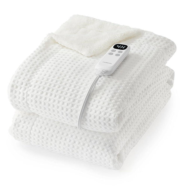 STARBEDIA Waffle Heated Throw Blanket, Machine Washable Electric Blankets Fast Heating with LCD Controller, 6 Heat Levels & 1-4H Time Settings, ETL Certified Heat Throw for Couch, White, 50" x 60"