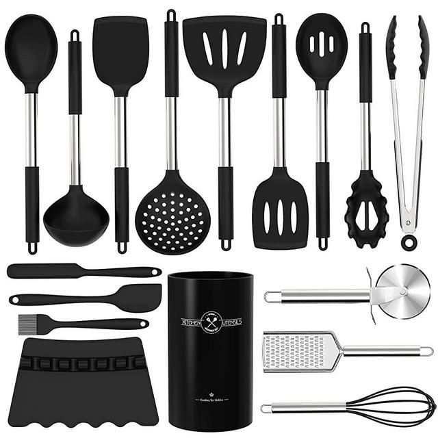 17Pcs Silicone Cooking Kitchen Utensils Set, BPA Free, Non-Stick Heat Resistant Best Kitchen Cookware with Stainless Steel Handle(Black)