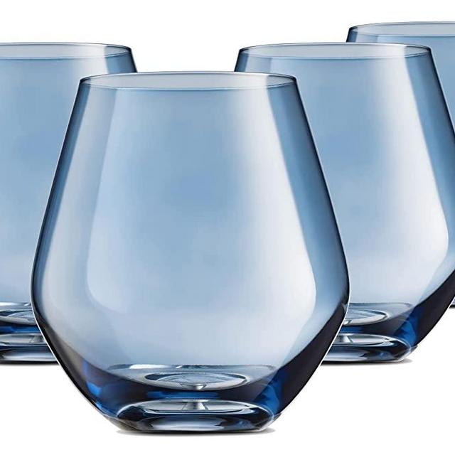 Godinger Wine Glasses, Stemless Wine Glasses, Red Wine Glasses, Drinking Glasses, European Made Stemless Wine Glass - Blue, 17oz, Set of 4